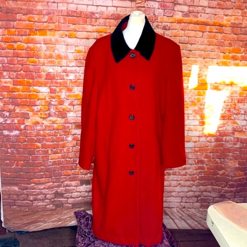 Vintage Mario De Pinto Long Red Wool Velvet Trim Button Down Trench Coat